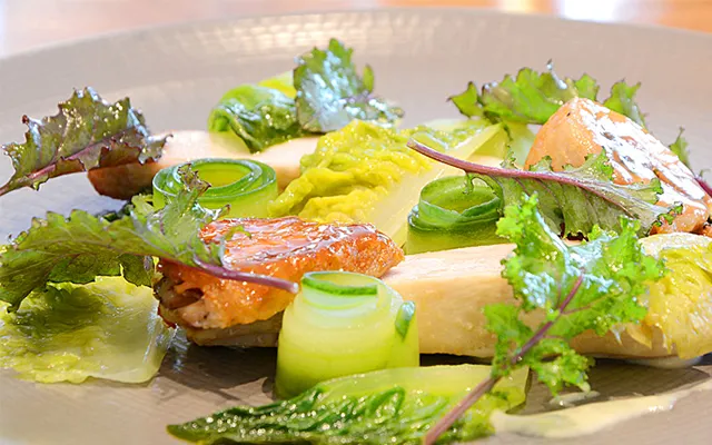 Cumbrian farm chicken, miso confit wing, pickled cucumber, onion emulsion New